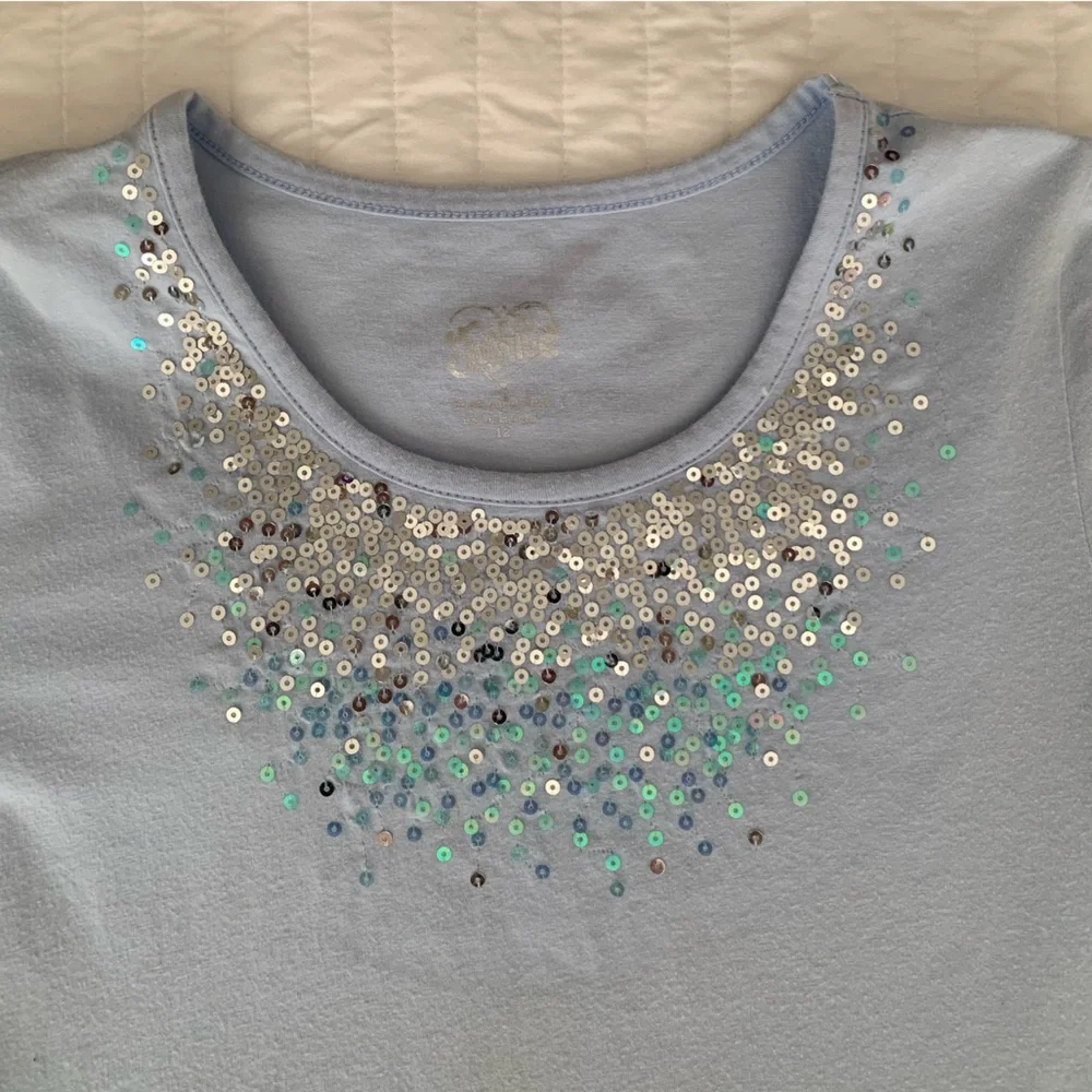 Justice Y2K Shirt Girls 12 Blue Sequin Long Sleeves Leopard Scoop Neck Ruffles
